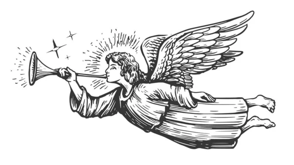 Christmas Angel Flying Trumpet Pipe Religious Holiday Hand Drawn Illustration — Stock Photo, Image
