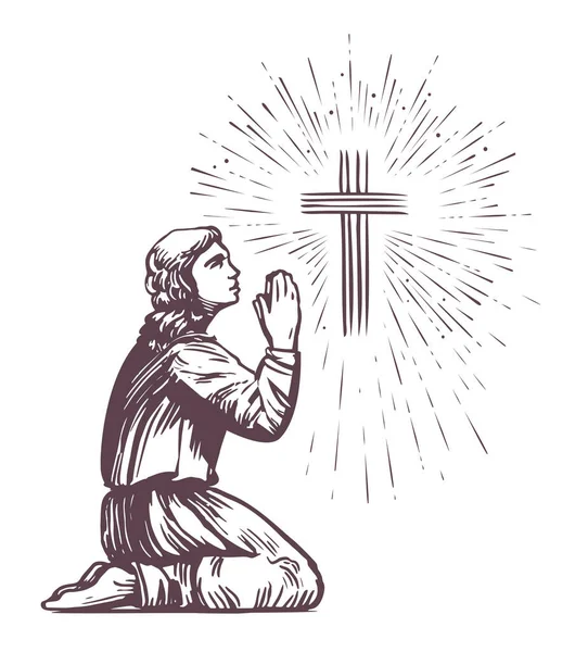 Prays Standing His Knee Praise God Shining Cross Symbol Faith — Stock Vector