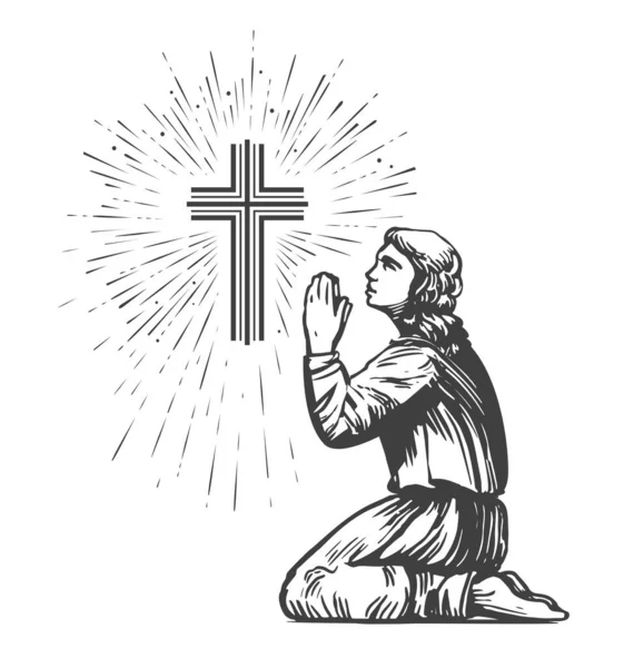 Мужчина Молится Коленях Винтажном Стиле Гравировки Слава Богу Сияющий Крест — стоковое фото