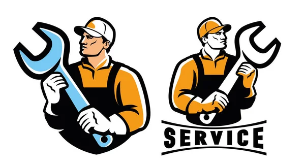 Mecânico Construtor Engenheiro Com Ferramenta Chave Inglesa Logotipo Serviço Emblema — Vetor de Stock