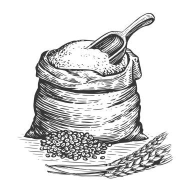 Çuval ya da çuval bezi torbasında ekmek unu, arpa taneleri, tahta kepçe ve buğday. Çiftlik yemeği skeci.