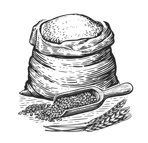 Мешок Мукой Деревянный Совок Зерном Колосьями Пшеницы Здоровые Органические Натуральные — стоковое фото