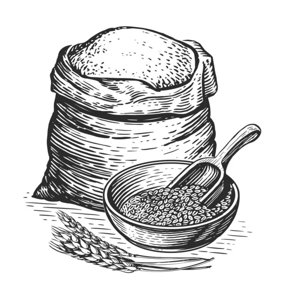 Çuval Çuval Bezi Torbasında Ekmek Unu Arpa Taneleri Tahta Kepçe — Stok fotoğraf