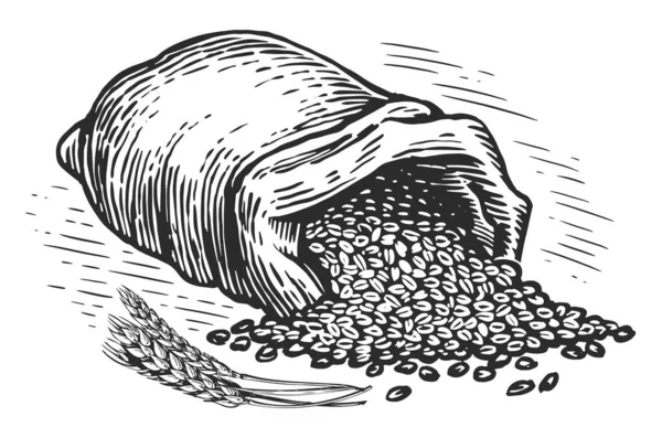 小麦の穀物の完全な袋 小麦粉を焼くためのファーム有機パン小麦 農業スケッチヴィンテージイラスト — ストック写真