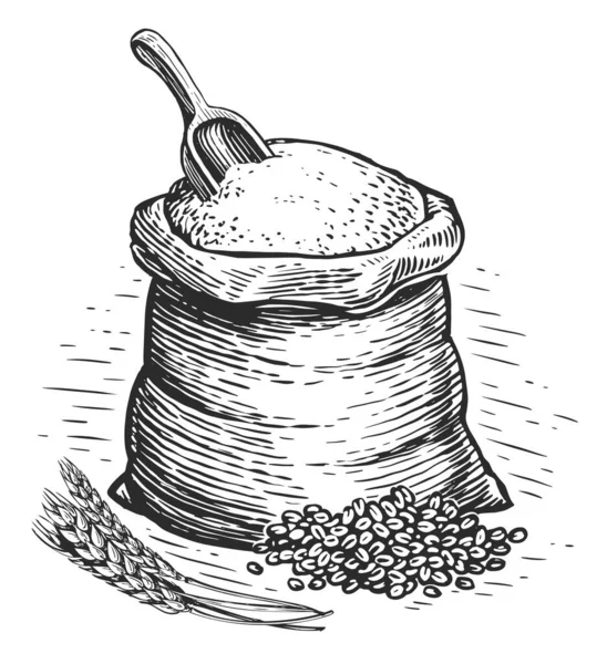 Sacchetto Pieno Farina Con Misurino Legno Agricoltura Schizzo Illustrazione Vintage — Foto Stock