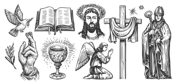 Вера Бога Эскиз Коллекция Религиозных Иллюстраций Стиле Старинной Гравюры — стоковое фото
