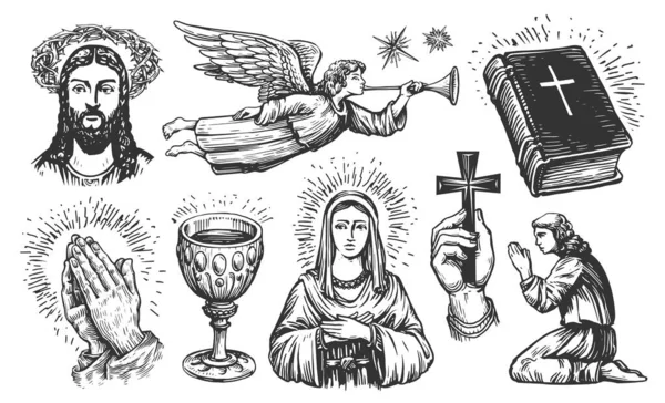 Conceito Deus Esboço Coleção Desenhada Mão Ilustrações Religiosas Estilo Gravura — Fotografia de Stock