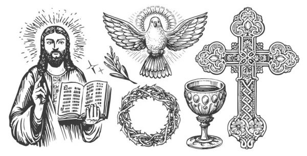 Víra Boha Skica Uctívání Kostel Náboženské Symboly Stylu Archivního Rytí — Stock fotografie
