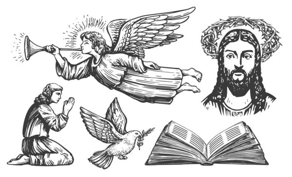 Faith in God, biblical motifs concept, sketch. Collection of religious illustrations in vintage engraving style