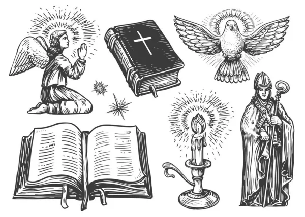 翼で天使を祈ります 聖書の本 ライトキャンドル 飛行鳩メッセンジャー ビショップ 宗教図セット — ストック写真