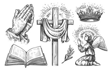 Hristiyan haçı, dua eden melek, kutsal kitabı aç, dua eden eller, Tanrı 'nın kralının tacı. Din çizimi
