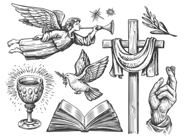 手工绘制的古老雕刻风格的宗教插图集 对上帝的信仰 概念草图 — 图库照片