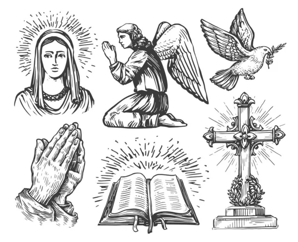 神への信仰 セット 祈りの手 キリスト教の十字架 聖書の本 飛行鳩 聖マリア — ストック写真