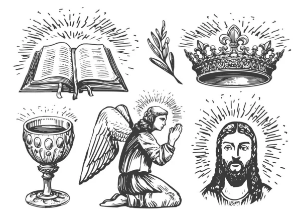 Biddende Engel Jezus Christus Heilige Graal Bijbelboek Kroon Olijftak Set — Stockfoto