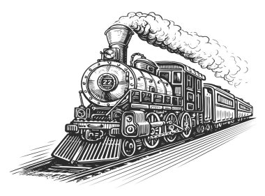 El çizimi, hareket eden eski tren, çizim çizimi. Eski oyma tarzında eski demiryolu buharlı lokomotifi