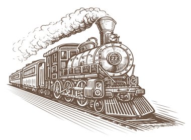 El çizimi, hareket eden eski tren, çizim. Eski oyma tarzında klasik buhar lokomotifi. Vektör illüstrasyonu