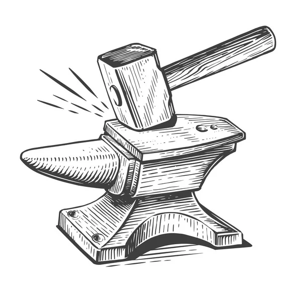 Hammer Strikes Anvil Blacksmith Craft Forge Metal Workshop Concept Vintage — Stock Vector