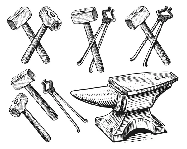 复古铁匠钳 铁锤草图 一套工具的概念 Blacksmithing Vintage Vector Illustration — 图库矢量图片