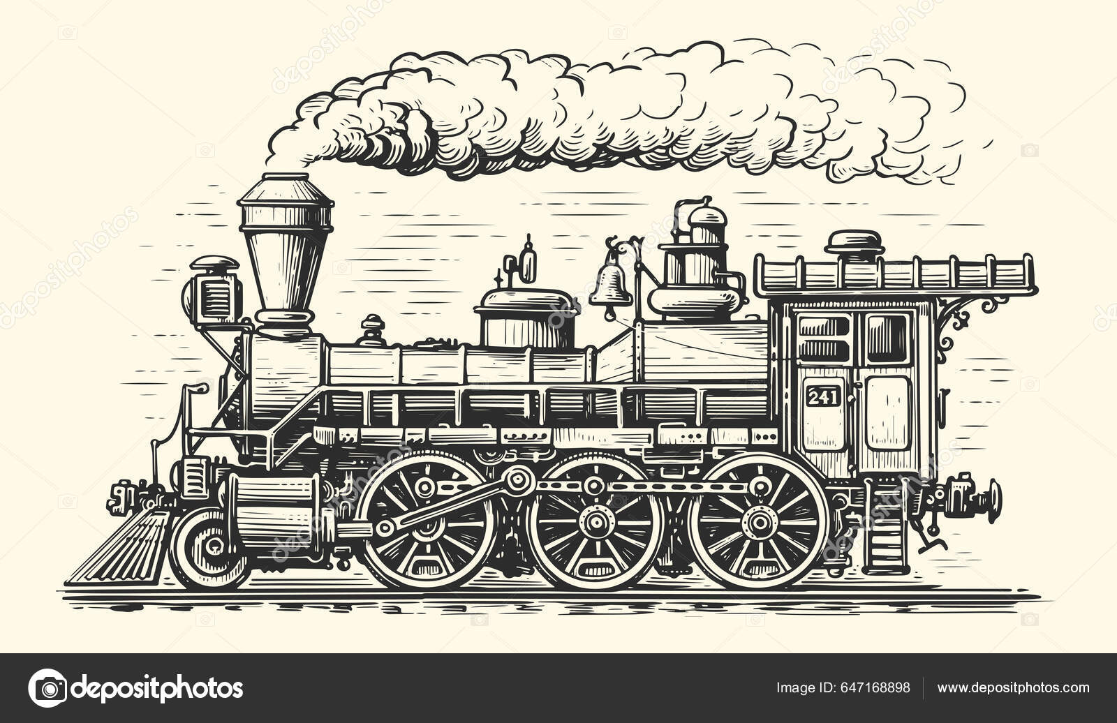 Gravado vintage, desenhado à mão, locomotiva antiga ou trem com vapor na  ferrovia americana. transporte retro . imagem vetorial de ArthurBalitskiy©  157835236