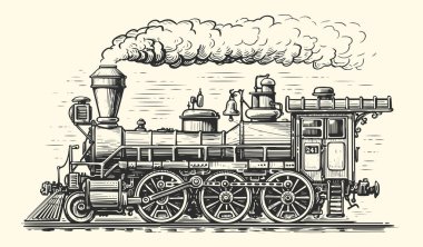 El çizimi, hareket eden eski tren, çizim. Eski oymacılık tarzında klasik buharlı lokomotif taşımacılığı. Vektör illüstrasyonu