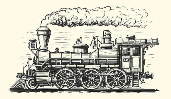 手のレトロな電車 スケッチを移動描かれた 古い彫刻のスタイルでヴィンテージ蒸気機関車輸送 ベクターイラスト — ストックベクタ