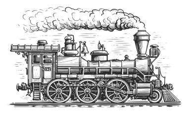 Klasik lokomotif nakliyesi. Retro buhar treni. Eski gravür tarzında el çizimi çizimi çizimi