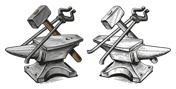 Anvil Hammer Tongs Metal Working Tools Blacksmith Craft Concept Hand — Stock Vector