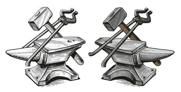 鍛冶職人の技術の概念 アンビル ハンマー トング 金属加工ツール 手描きのヴィンテージベクトルイラスト — ストックベクタ