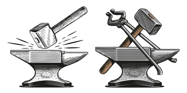 アンビル ハンマー トング 金属加工ツール 鍛冶屋 鉄工の概念 手描きのヴィンテージベクトルイラスト — ストックベクタ