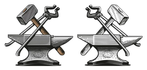 Концепция Кузнечного Дела Молоток Щипцы Наковальня Металлообрабатывающие Инструменты Ручная Рисованная — стоковый вектор