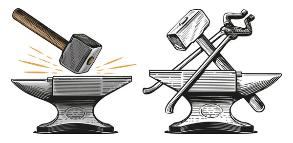 手描きのアンビルとハンマー ペンチ 鍛冶職人のスケッチ ヴィンテージ彫刻スタイルの金属加工ツール — ストックベクタ