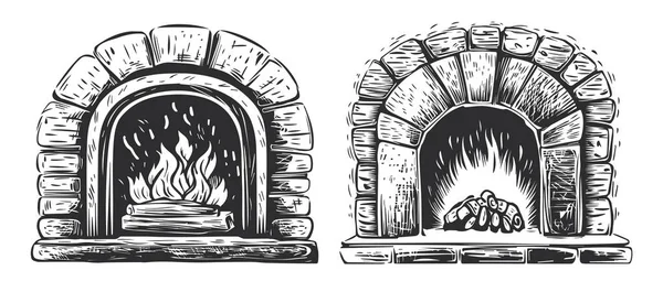 Stone Oven Flames Fire Fireplace Burning Wood Style Old Engraving — Stock Vector