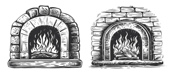 Meleg Tűz Kandallóban Tűzifa Egy Tégla Sütő Vázlatos Stílusban Gravírozott — Stock Vector
