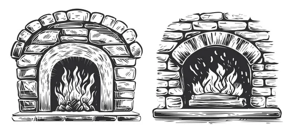 Fogo Quente Lareira Pedra Lenha Arde Num Forno Tijolos Ilustração — Vetor de Stock