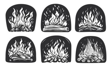 Firewood burns in oven. Fire in fireplace. Bakery, grilled food symbol or badge set. Vector illustration clipart