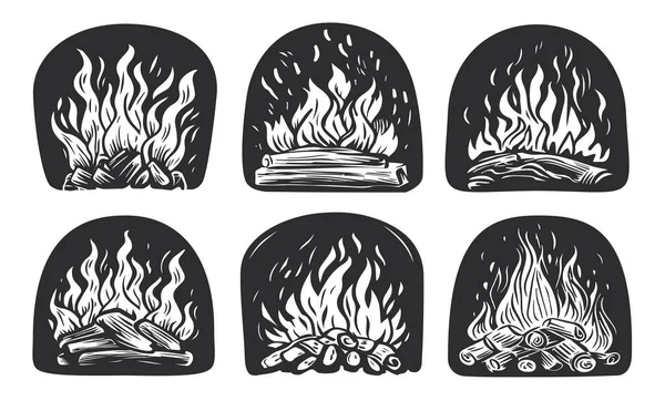 柴火在烤箱里燃烧 火灾现场失火面包店 烧烤食品标志或徽章 矢量说明 — 图库矢量图片