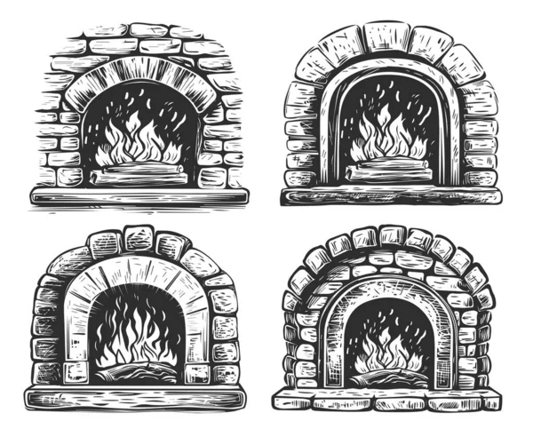 用防火图来点火 手绘素描式石制烤箱 — 图库照片