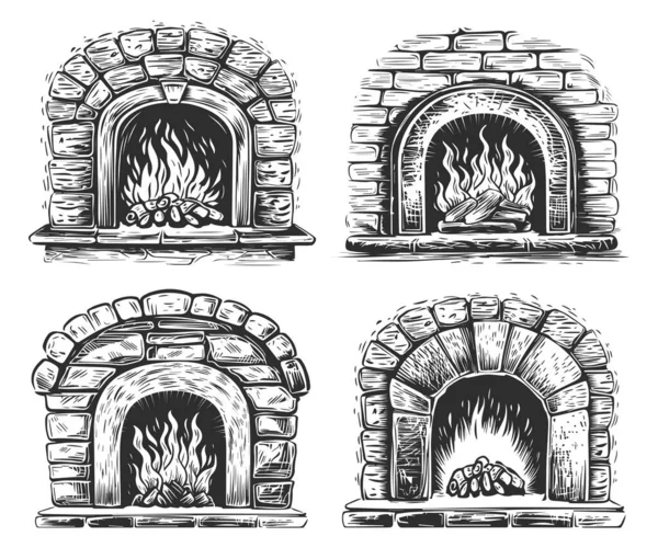 柴火在砖炉中燃烧 在石头壁炉里生火 准备好了 草图式的说明 — 图库照片