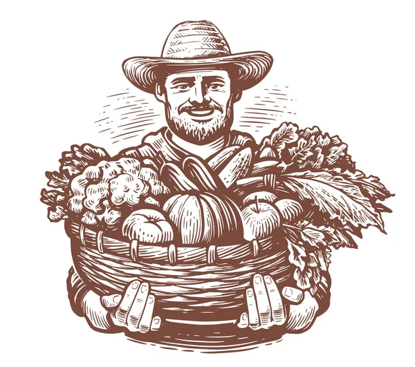 新鮮な野菜をバスケットに入れて農家 新鮮な有機農業食品 スケッチベクトルイラスト — ストックベクタ