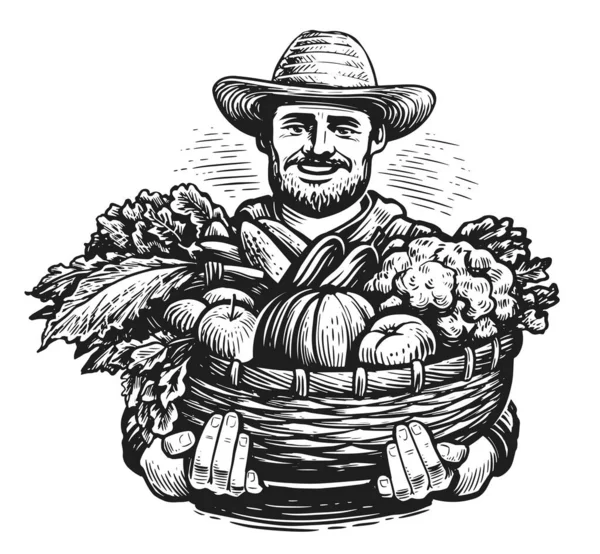 有有机蔬菜的快乐农民 新鲜的农场食物 耕作概念 手绘草图 — 图库照片