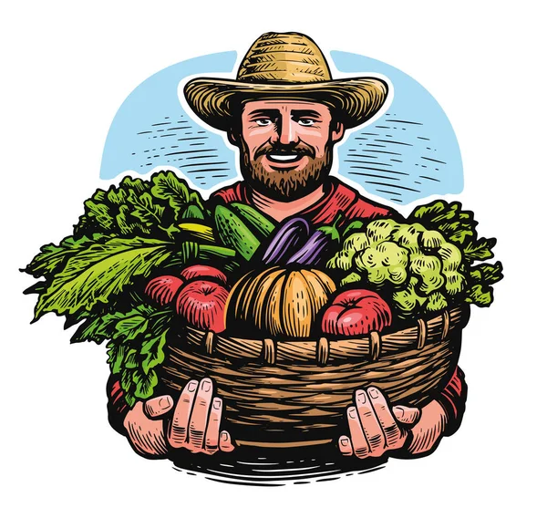 Ein Älterer Bauer Hält Einen Korb Mit Bio Gemüse Mit — Stockvektor