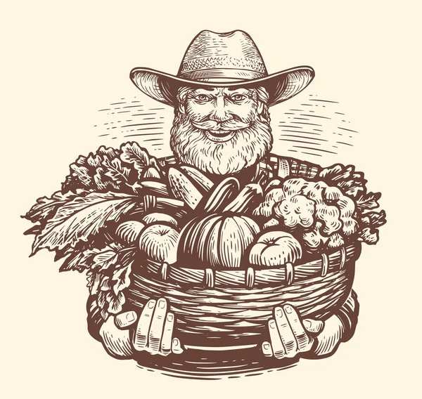 老农民 篮子里有新鲜采摘的蔬菜 新鲜的有机农场食品 绘图矢量图解 — 图库矢量图片
