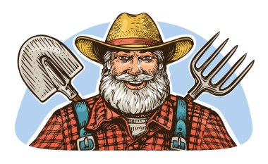 Yaba ve kürekle şapkalı mutlu yaşlı sakallı çiftçi. Çiftlik işçisi, karikatür vektör çizimi