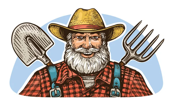 Счастливый Пожилой Бородатый Фермер Шляпе Вилами Лопатой Сельскохозяйственный Работник Векторная — стоковый вектор