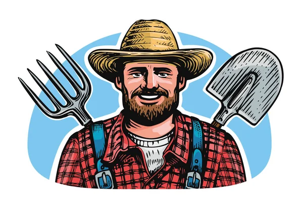 園芸ツールで幸せな農家 シャベルとピッチフォークで農場労働者 紋章ベクトル図 — ストックベクタ