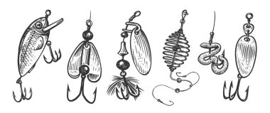 Fishing bait. Fishery lures and wobblers with hooks. Accessories, equipment set vector illustration clipart