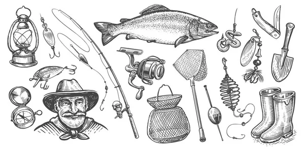 Fishing Concept Set Vector Collection Hand Drawn Sketch Illustrations Theme — Stock Vector