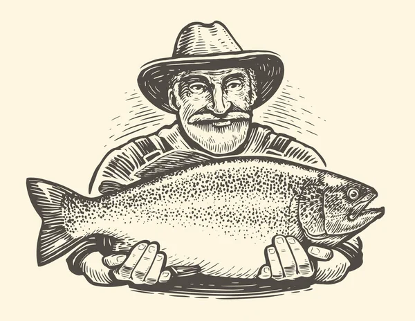 Glücklicher Alter Fischer Mit Hut Der Einen Großen Fisch Hält — Stockvektor