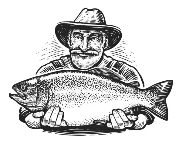 Велика Риба Руках Щасливого Рибалки Риболовля Концепція Морепродуктів Ескізна Ілюстрація — стокове фото