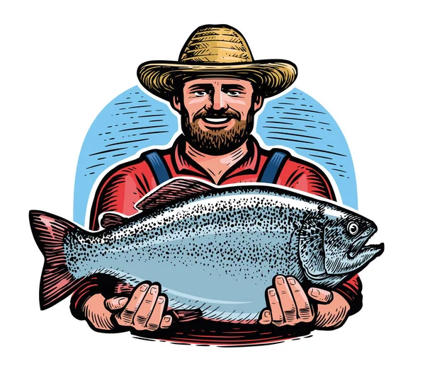 幸せな漁師は大きな魚を手に持っている スポーツフィッシング エンブレムベクトルイラスト — ストックベクタ